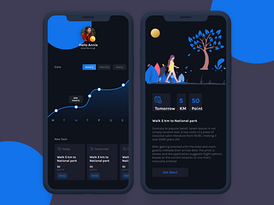 Walking App Dashboard adobe xd dark graphics illustration travel ui ux