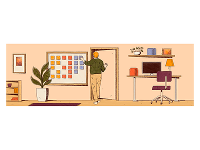 Out the door character character illustration desk set up illustration interior office plants remote work room shadows texture warm