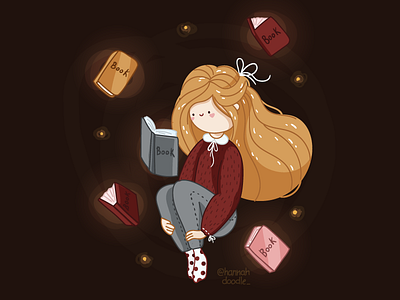 Cozy reading of books books cozy cute girl lights vector