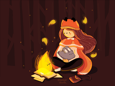 Cozy forest magic cute fire forest girl lights magic nice rabbit vector vector character vectorart