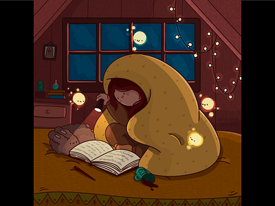 Cozy reading 2d 2d vector adobe illustrator art books cartoon character characterdesign cozy cute digital doodle girl hannahdoodle illustration lights magic rabbit vector vectorart