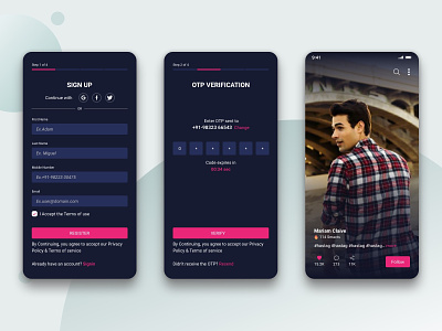 Mobile Screens : Sign-Up (Onboarding process) and Main Interface app application design colors design icon layout exploration main page mobile app design onboarding screens signup form ui ux verification