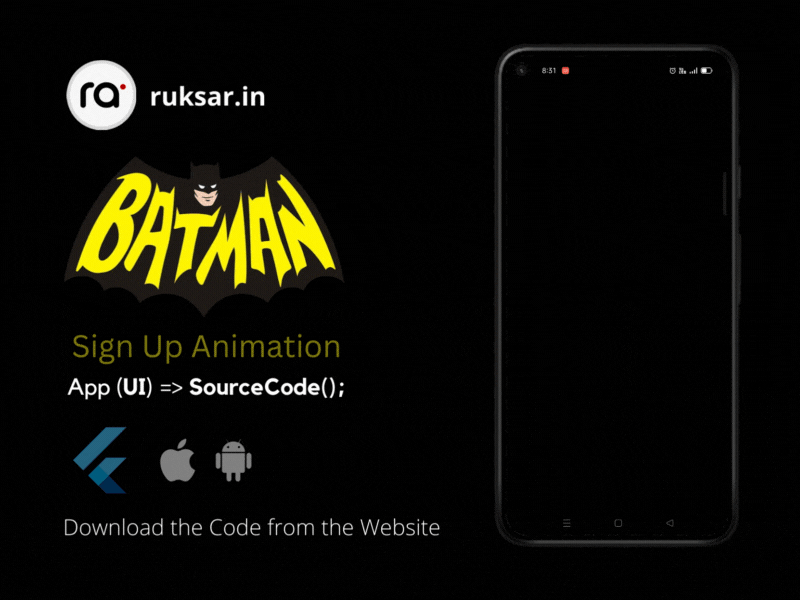 Batman Signup Animation Bundle with Flutter for IOS & Android 3d android animation batman bundle design flutter fun illustration ios logo signup ui