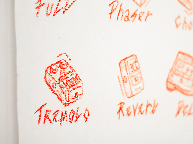 Pastel tones detail rig music sound fuzz reverb tremolo electric bass guitar effects illustration sketch pedal crayon pastel