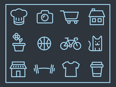 Line Icons basketball bicycle bike camera cart cat chef coffee flower gym hat house line shirt shop stroke weight