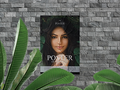 Glued Poster on Stone Wall Mockup Free