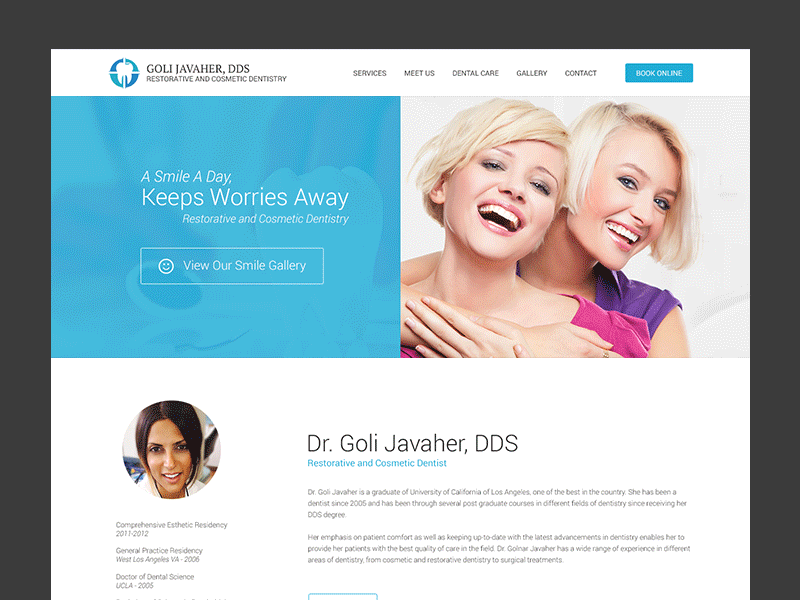Cosmetic Dentist Web UI appointment cosmetic dental care dentist doctor gallery patient restorative reviews services ui ux