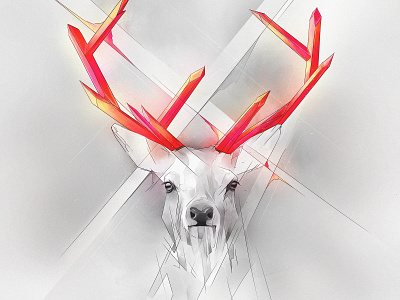Crystal Horns animals black and white crystal deer design dynamic geometric gleam glow hart hind illustration incandescence iridescence light magic nature poster red shine