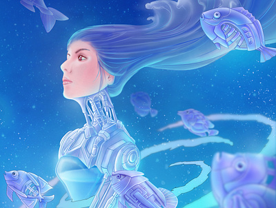 Futuristic Illustration - Fish, Girl and Sea blue bright design fish future futuristic graphic design illustration illustrator light machinery ocean photoshop robot sea