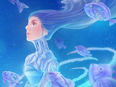 Futuristic Illustration - Fish, Girl and Sea