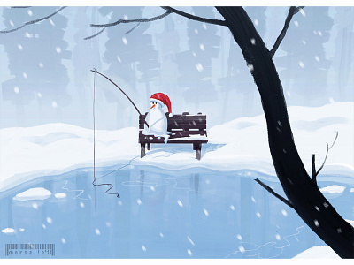 Snowman fishing illustration