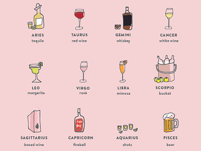 The Zodiac Signs as Alcoholic Beverages illustration zodiac