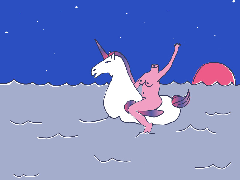 Unicorn Ride purple blue pink magestic handdrawn design water ocean unicorn breasts illustration