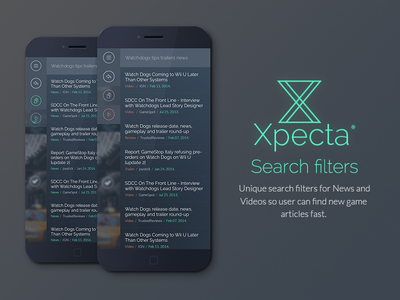 Xpecta mobile app search filters app app concept design app design clean designer gamer iphone iphone app modern ui ux web designer