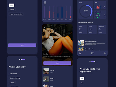 Fitness App dark app dark theme dark ui darkmode data demographics design figma fitness fitness app ui userexperience ux