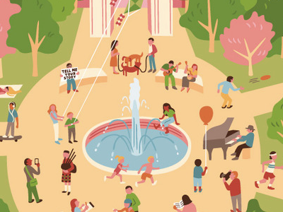 Happy Spring city crowd illustration new york city park spring summer vector washington square park