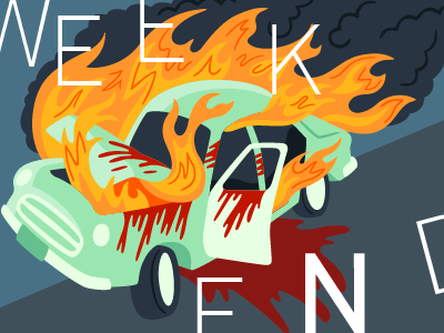 Weekend part two car crash car wreck criterion film fire flames godard illustration vector