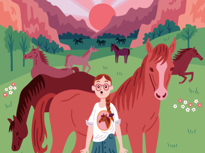 Horse Girl in Horse World album cover girl horses illustration sunset valley vector