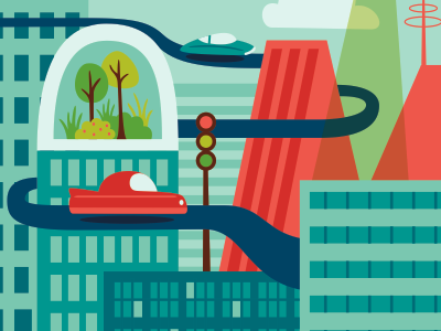 The Future buildings cars city driving future illustration sci fi vector