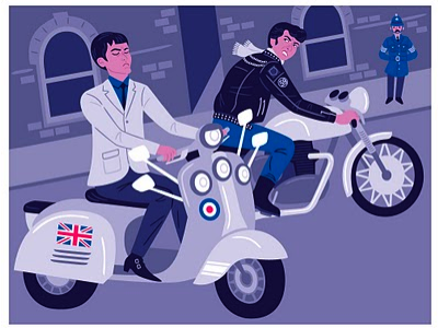 Mod v. Rocker 1960s british complete illustration mod motorcycle retro rivalry rocker scooter scowl vector