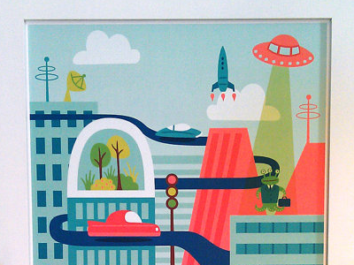New Prints! alien buildings city cityscape etsy future illustration print sale time travel ufo vector
