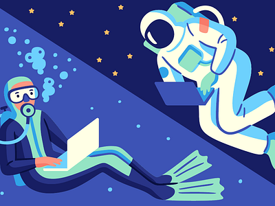 Remote Teams astronaut illustration laptop remote scuba space underwater vector