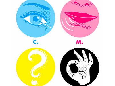 See, Mmm, Why? Kay. cmyk eye hand illustration mouth pun question mark vector