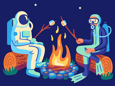 404: Page Not Found 404 astronaut campfire camping illustration marshmallows scuba diver vector