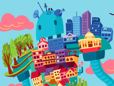 Have City, Will Travel buildings city complete illustration robot town vector