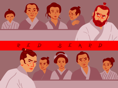 Red Beard crowd film illustration japan vector