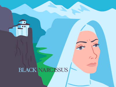 Black Narcissus film illustration landscape mountains nun vector