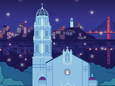 Saint Mary's & San Francisco buildings church city illustration night reflection san francisco skyline vector