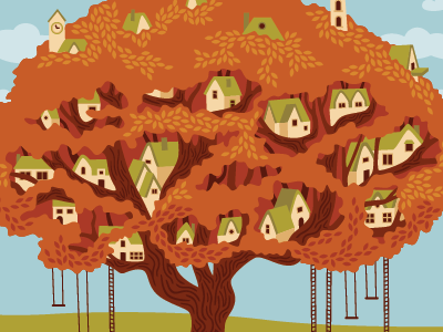 Tree Town autumn buildings fall houses illustration landscape oak town tree vector village