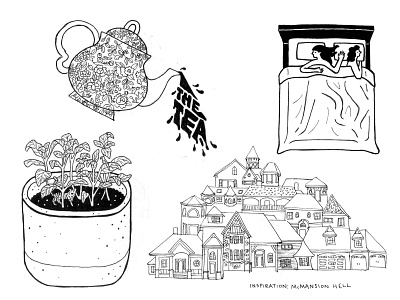 Inktober scraps bed drawing houses illustration inktober pen plant sleep tea