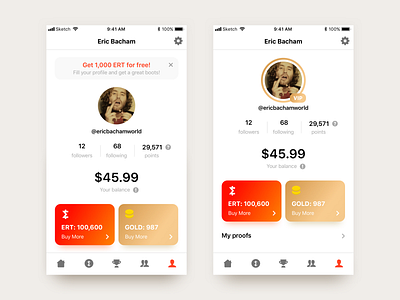 Profile screens for Eristica app. Free account and golden user