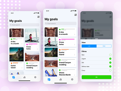 Goal search app conception app design desk filter goal minimal pink simple ui ux wish wishes