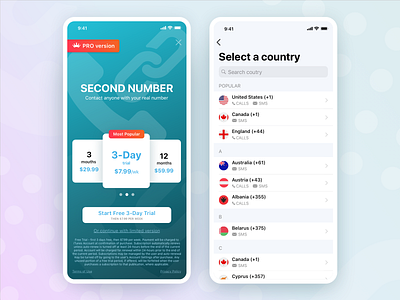 Second Number app redesign. call code country filter number plant simple subscription telephone trial ux