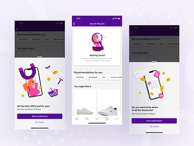 Illustrations for Shopping App app cart crazy discount fun girl illustartion mobile app not found notification offer offers popup search shopping subscription tag ui