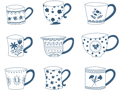 Collection of English cup of tea. collection cup of tea design hand concept handdrawn indigo color vector