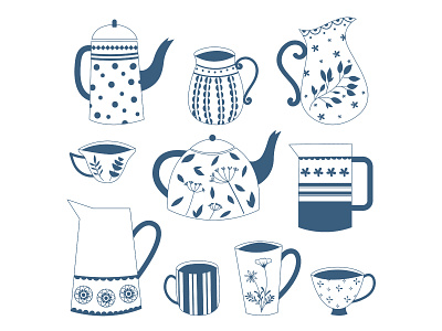 Tea pot and cups of tea. collection cup of tea design hand concept handdrawn indigo color teapot vector