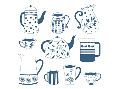 Tea pot and cups of tea.