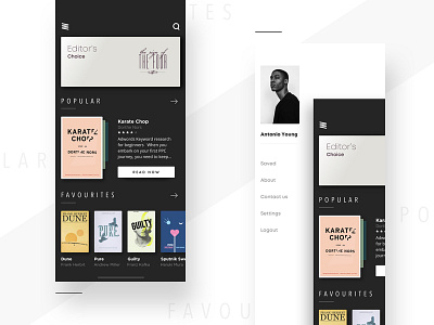 Read 2d android black books branding dark design flat flat 3d illustraion ios minimal app monocromatic novels reading app type ui uiux vector website