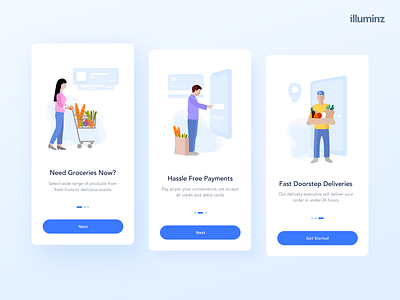 Onboarding Screens - Online Grocery Shopping android app app app concept cart concept delivery design e commerce grocery app illustration ios minimalist onboarding ui payments shadows typography ui ux uidesign vector walkthrough