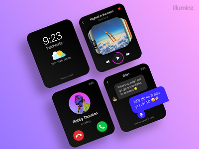 Apple watch UI snippet apple watch calling clean colors dark theme gradient messaging minimal music player pink travis scott ui uiux watchos weather