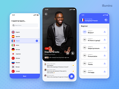 Language Learning App app app design application concept ios language language learning layout learning app learning platform listing live chat minimalist product design streaming study ui ux ui design video