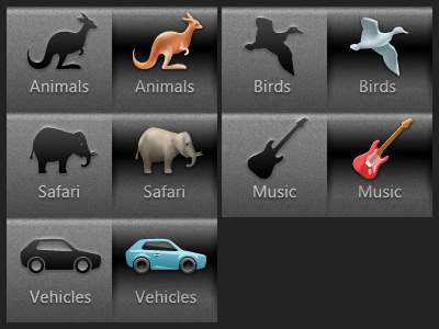 Toolbar for sounds animals bird car guitar icons silhouette toolbar