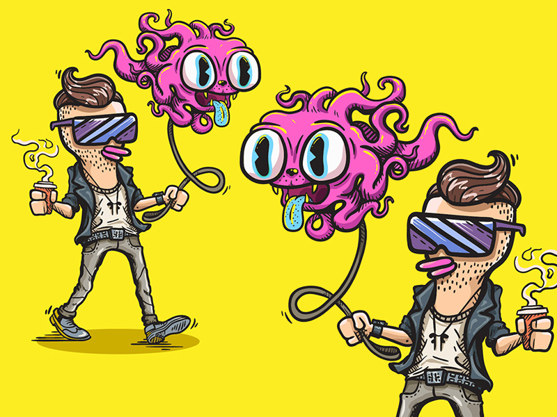 Morning walk with your dog graphic funky pink cartoon coolguy morningwalk morning walkingdog dog animation graphics trendy energy arthouse illustration energy arthouse character design art 2d