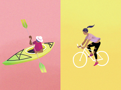 Kayaker and cyclist bike characters cyclist digital illustration map travel