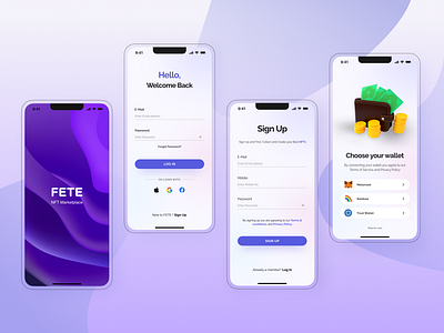 Splash, Login, Signup Screens - NFT Mobile App UI app design app ui design design login screen login screen ui mobile app design nft nft app nft app design nft marketplace app signup screen signup screen ui spash screen splash screen ui ui uidesign uiux user inteface design user interface ux