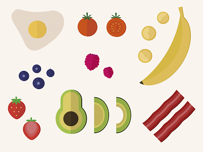 Food illustrations avocado bacon banana egg food icon icon set iconography illustraion strawberry vector